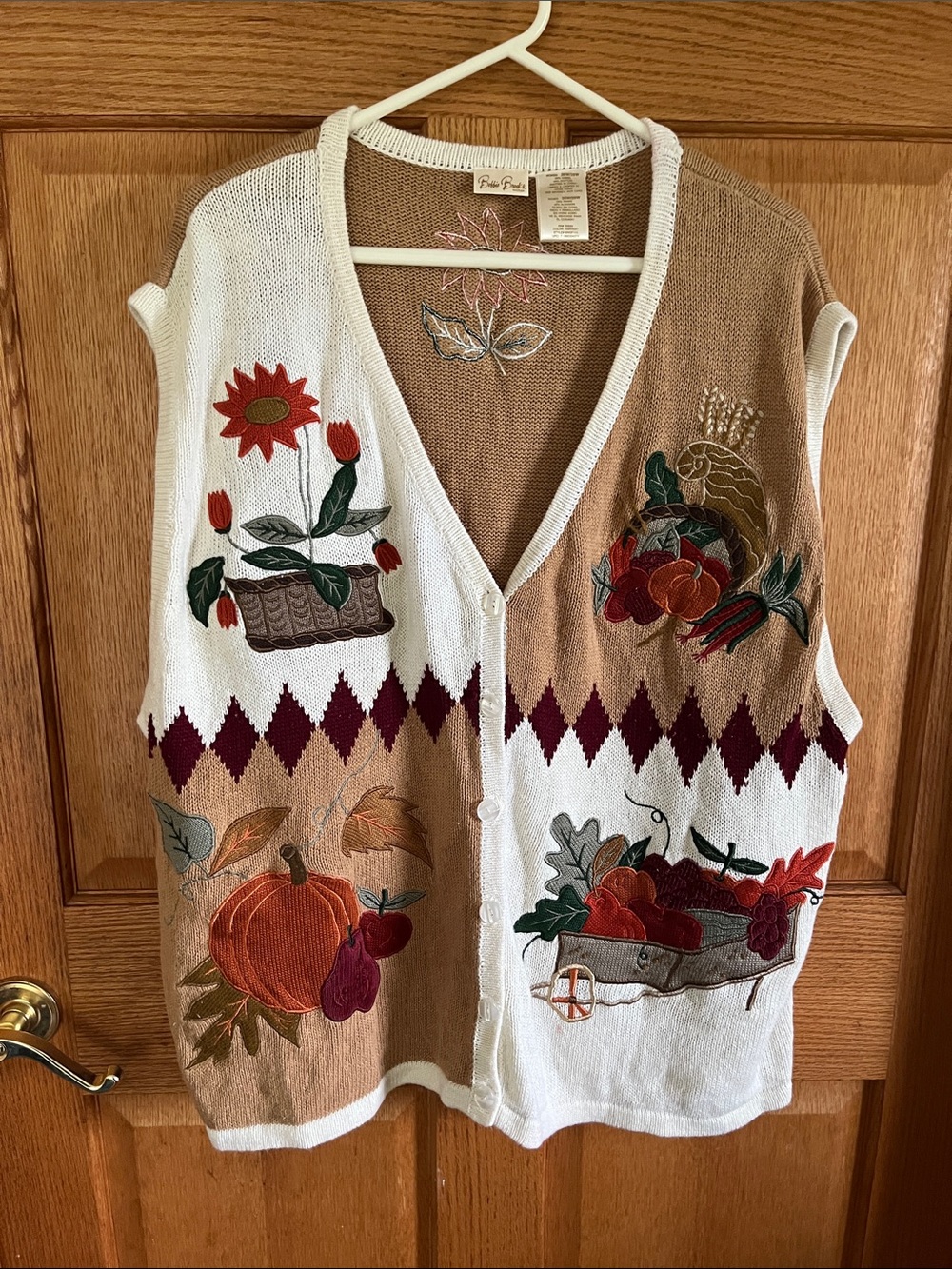 Bobbie Brooks Cream and Tan Embroidered Autumn pumpkinVest with Burgundy Accent